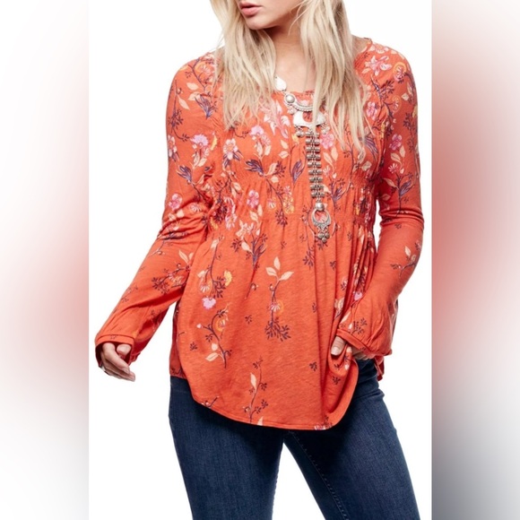 Free People | Orange Floral Dahlia Scoop-Back Boho Babydoll Top Women's X-Small - Picture 1 of 6